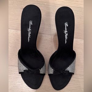 Beverly Feldman black satin & crystal detail mules size 8 1/2 M.